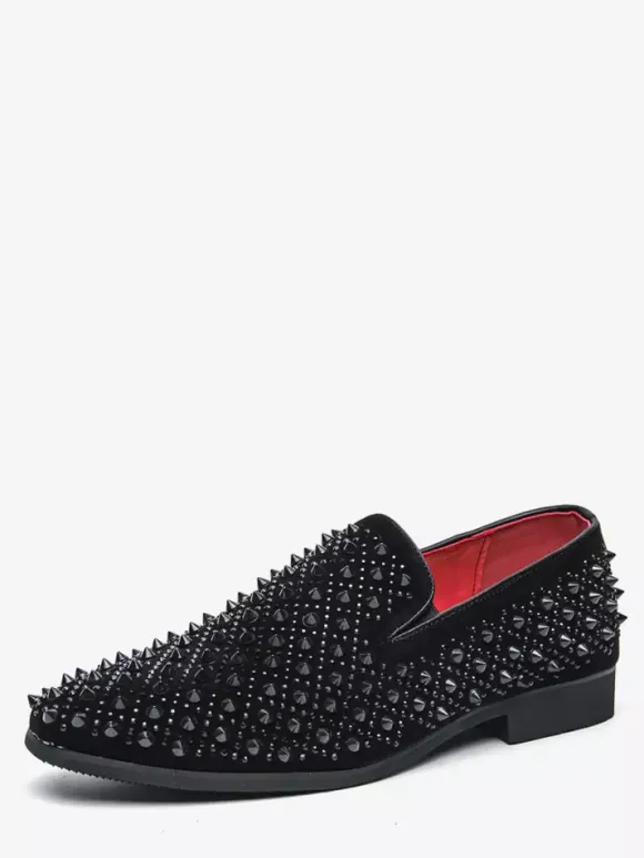 Mens Fashion Rhinestone Leather Dress Rivets Loafers Comfortable Slip On Classic Pointed Top Tuxedo Dress Shoes Party Prom Wedding Penny Shoes