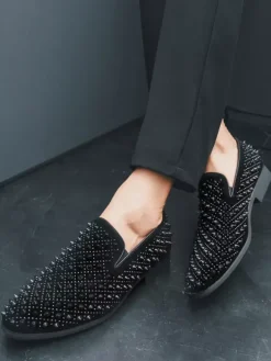 Mens Fashion Rhinestone Leather Dress Rivets Loafers Comfortable Slip On Classic Pointed Top Tuxedo Dress Shoes Party Prom Wedding Penny Shoes