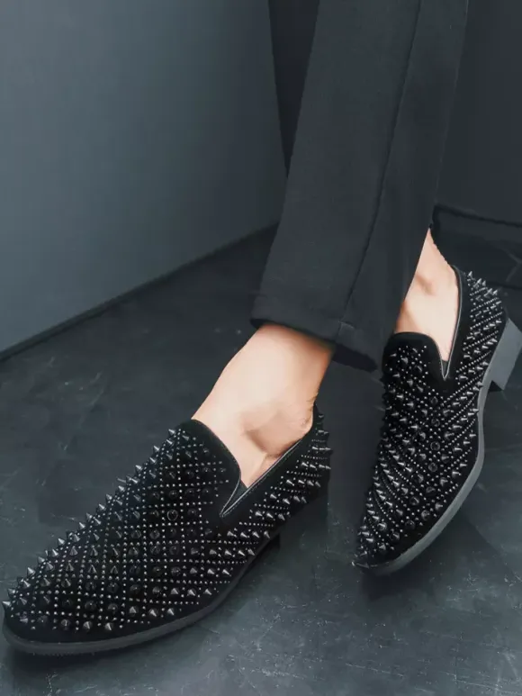 Mens Fashion Rhinestone Leather Dress Rivets Loafers Comfortable Slip On Classic Pointed Top Tuxedo Dress Shoes Party Prom Wedding Penny Shoes