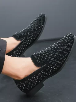 Mens Fashion Rhinestone Leather Dress Rivets Loafers Comfortable Slip On Classic Pointed Top Tuxedo Dress Shoes Party Prom Wedding Penny Shoes