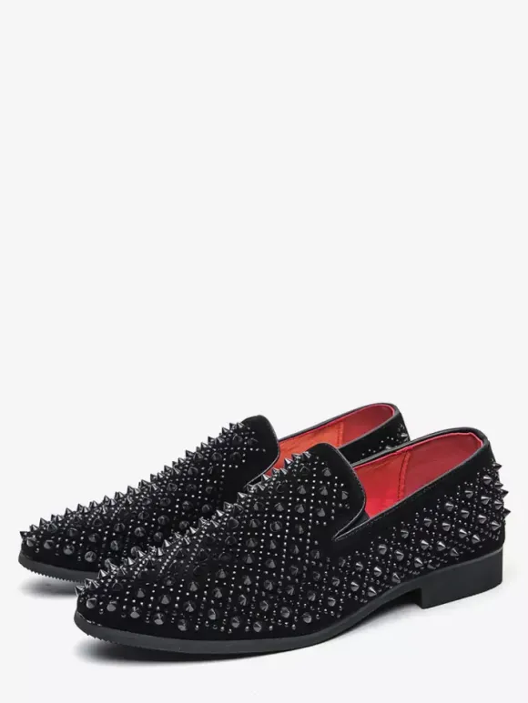 Mens Fashion Rhinestone Leather Dress Rivets Loafers Comfortable Slip On Classic Pointed Top Tuxedo Dress Shoes Party Prom Wedding Penny Shoes