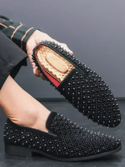 Mens Fashion Rhinestone Leather Dress Rivets Loafers Comfortable Slip On Classic Pointed Top Tuxedo Dress Shoes Party Prom Wedding Penny Shoes