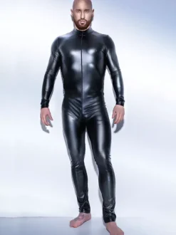 Mens Gloss Latex Catsuit Full Length Sleeve Zipper Jumpsuit For Stage Performances