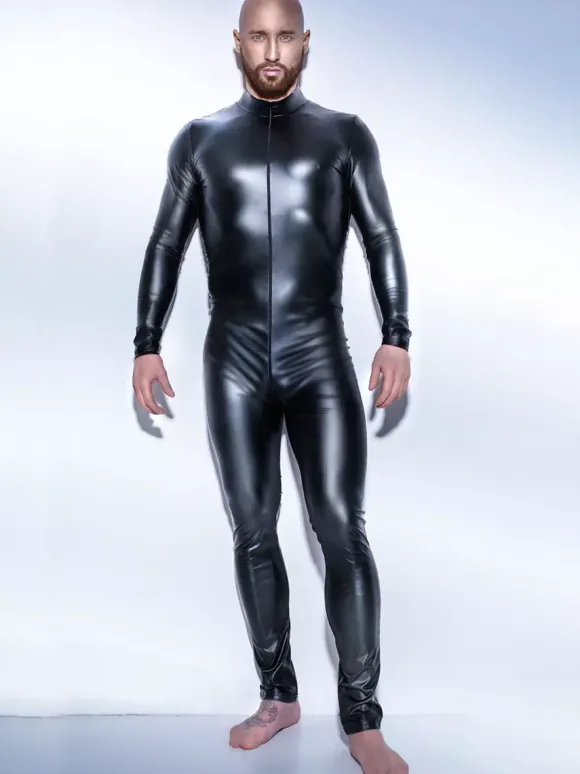 Mens Gloss Latex Catsuit Full Length Sleeve Zipper Jumpsuit For Stage Performances