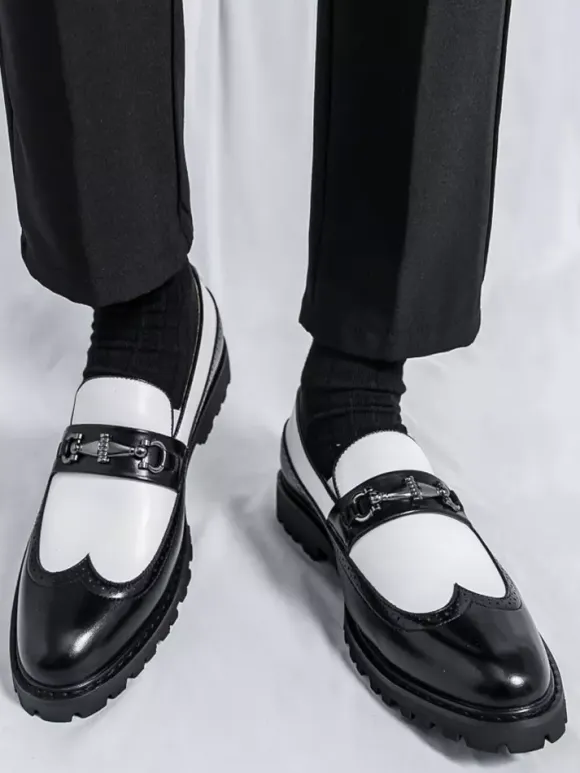 Mens Horsebit Loafers Contrast Color Black And White Slip-on Wingtips Shoes