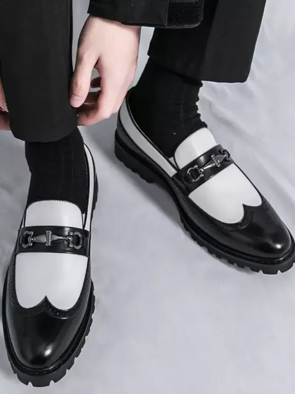 Mens Horsebit Loafers Contrast Color Black And White Slip-on Wingtips Shoes