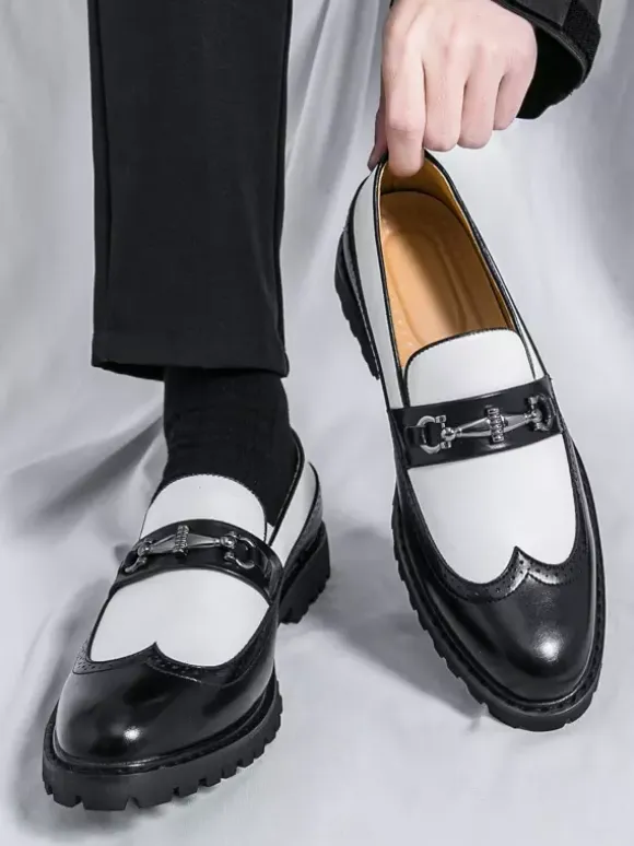 Mens Horsebit Loafers Contrast Color Black And White Slip-on Wingtips Shoes