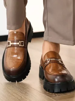 Mens Horsebit Loafers Slip-on Leather Anti-Slip Chunky Shoes