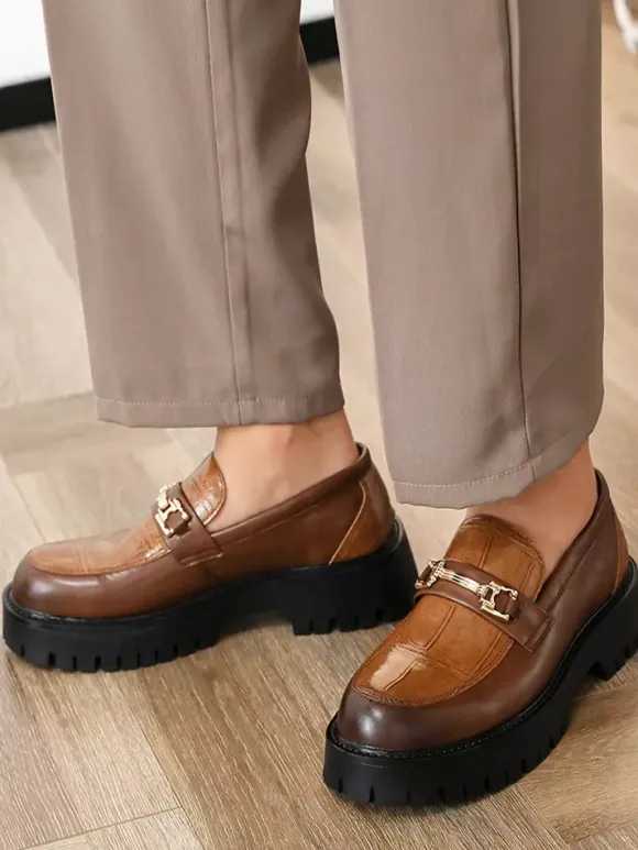 Mens Horsebit Loafers Slip-on Leather Anti-Slip Chunky Shoes