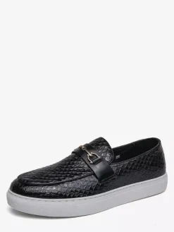 Mens Horsebit Loafers Slip-On Fish Pattern Round Toe Chunky Shoes
