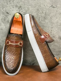 Mens Horsebit Loafers Slip-On Fish Pattern Round Toe Chunky Shoes