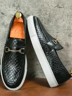 Mens Horsebit Loafers Slip-On Fish Pattern Round Toe Chunky Shoes