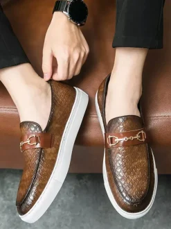 Mens Horsebit Loafers Slip-On Fish Pattern Round Toe Chunky Shoes