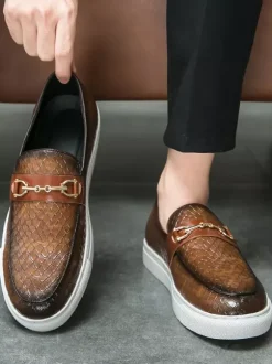 Mens Horsebit Loafers Slip-On Fish Pattern Round Toe Chunky Shoes