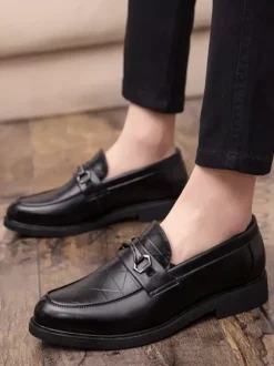 Mens Horsebit Loafers Slip-on Pointed Toe Low Heels Metal Decoration Penny Shoes