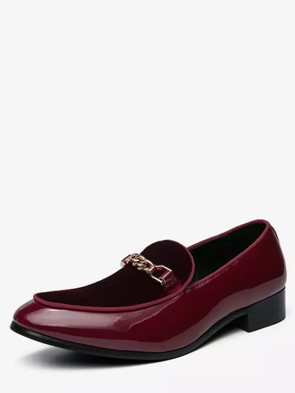 Mens Horsebit Loafers Suede Splice Leather Slip On Chain Buckle Penny Shoes Pointed Toe Low Heels Prom Shoes
