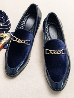 Mens Horsebit Loafers Suede Splice Leather Slip On Chain Buckle Penny Shoes Pointed Toe Low Heels Prom Shoes