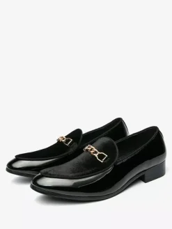 Mens Horsebit Loafers Suede Splice Leather Slip On Chain Buckle Penny Shoes Pointed Toe Low Heels Prom Shoes