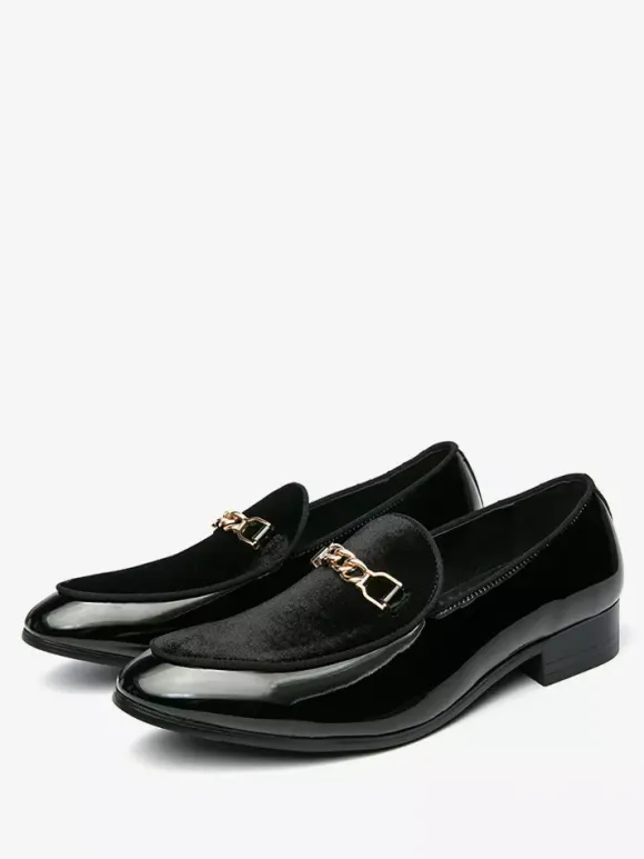 Mens Horsebit Loafers Suede Splice Leather Slip On Chain Buckle Penny Shoes Pointed Toe Low Heels Prom Shoes