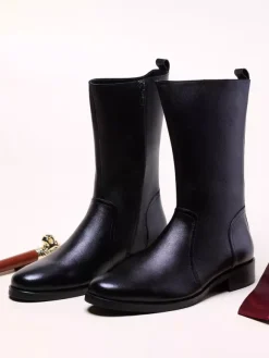 Men's Knee High Boots Cowhide Chic Black Boots Riding Knight Boots