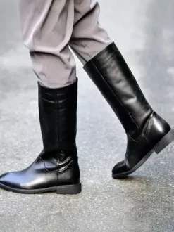 Men's Knee High Boots Slip On Boots Black Cowhide Riding Knight Boots
