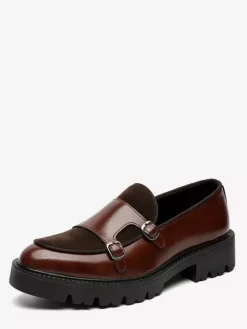 Mens Loafers Double Monk Strap Slip On Non Slip Platform Chunky Penny Shoes