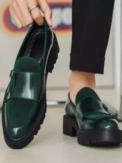 Mens Loafers Double Monk Strap Slip On Non Slip Platform Chunky Penny Shoes