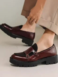 Mens Loafers Double Monk Strap Slip On Non Slip Platform Chunky Penny Shoes