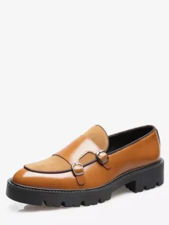 Mens Loafers Double Monk Strap Slip On Non Slip Platform Chunky Penny Shoes
