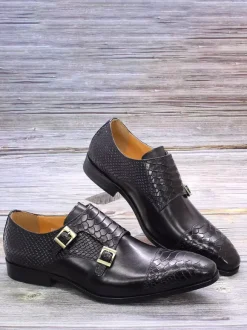 Mens Loafers Dress Shoes Genuine Leather Slip On Double Buckle Monk Shoe