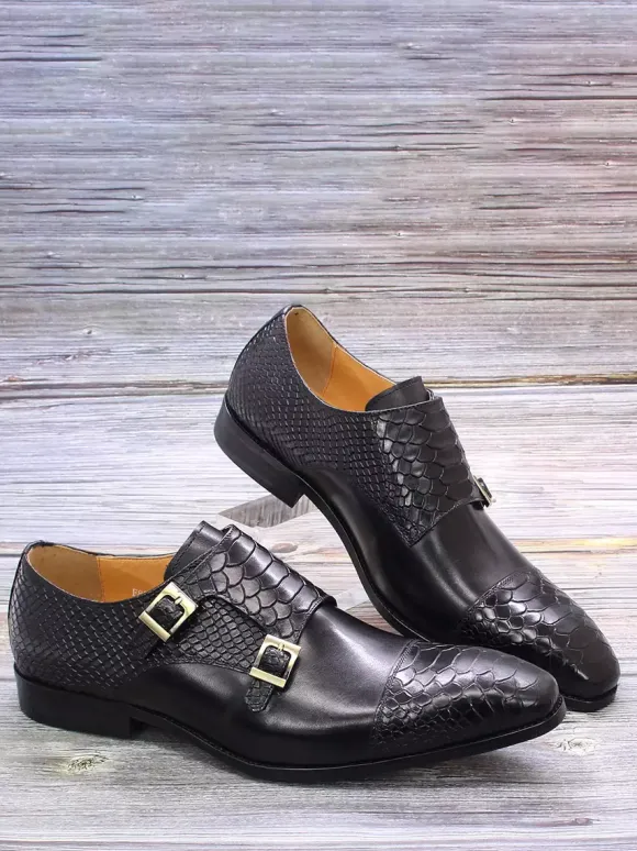 Mens Loafers Dress Shoes Genuine Leather Slip On Double Buckle Monk Shoe