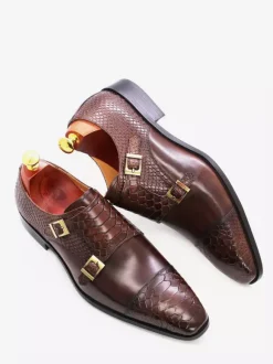 Mens Loafers Dress Shoes Genuine Leather Slip On Double Buckle Monk Shoe