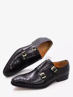 Mens Loafers Dress Shoes Genuine Leather Slip On Double Buckle Monk Shoe