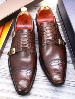 Mens Loafers Dress Shoes Genuine Leather Slip On Double Buckle Monk Shoe