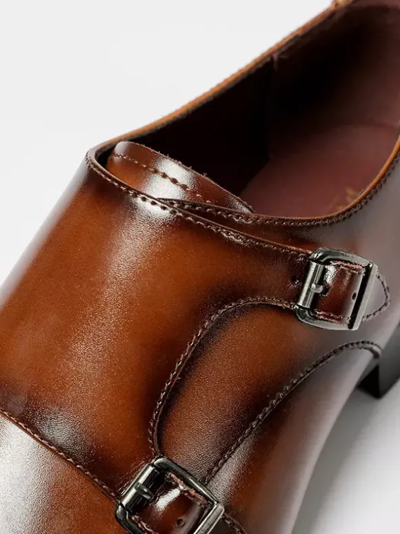 Mens Loafers Lace Up Plain Toe Double Monk Strap Leather Anti-Slip Block Heel Low Top Prom Shoes