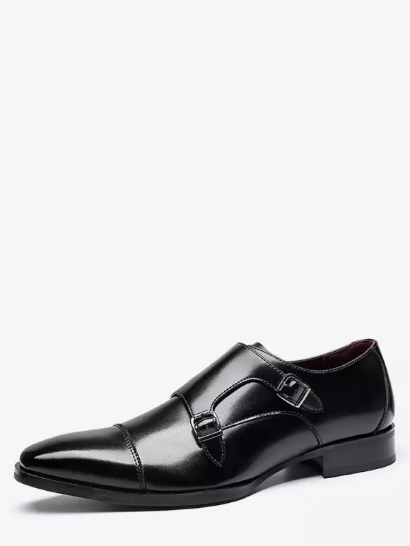 Mens Loafers Lace Up Plain Toe Double Monk Strap Leather Anti-Slip Block Heel Low Top Prom Shoes