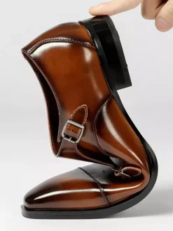 Mens Loafers Lace Up Plain Toe Double Monk Strap Leather Anti-Slip Block Heel Low Top Prom Shoes