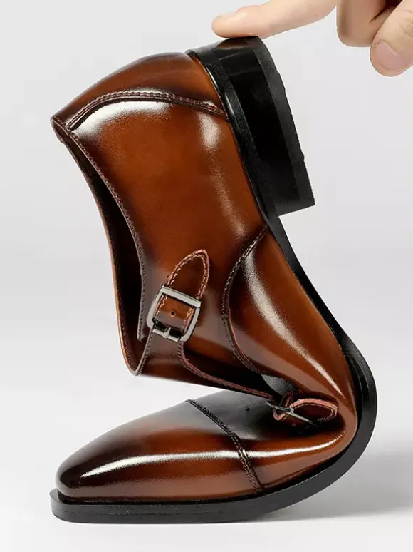 Mens Loafers Lace Up Plain Toe Double Monk Strap Leather Anti-Slip Block Heel Low Top Prom Shoes