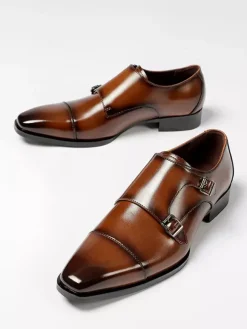 Mens Loafers Lace Up Plain Toe Double Monk Strap Leather Anti-Slip Block Heel Low Top Prom Shoes