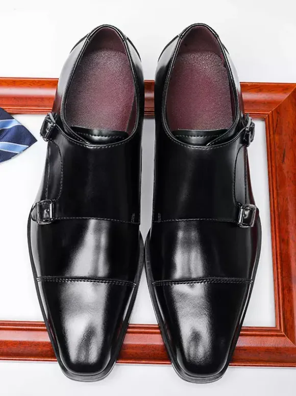 Mens Loafers Lace Up Plain Toe Double Monk Strap Leather Anti-Slip Block Heel Low Top Prom Shoes