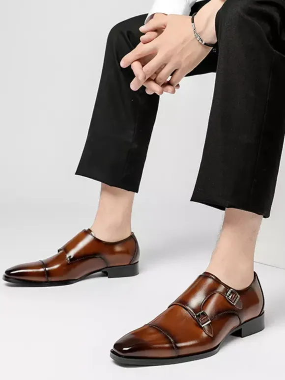 Mens Loafers Lace Up Plain Toe Double Monk Strap Leather Anti-Slip Block Heel Low Top Prom Shoes