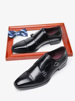 Mens Loafers Lace Up Plain Toe Double Monk Strap Leather Anti-Slip Block Heel Low Top Prom Shoes