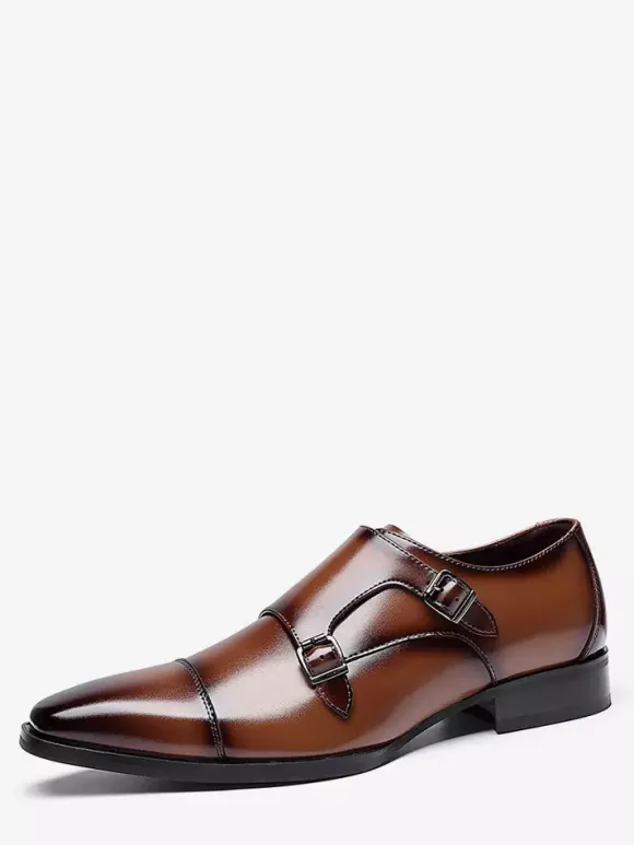Mens Loafers Lace Up Plain Toe Double Monk Strap Leather Anti-Slip Block Heel Low Top Prom Shoes