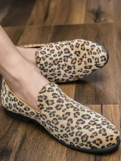 Men's Loafers Suede Round Toe Leopard Slip On Shoes