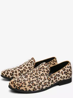 Men's Loafers Suede Round Toe Leopard Slip On Shoes