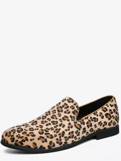 Men's Loafers Suede Round Toe Leopard Slip On Shoes