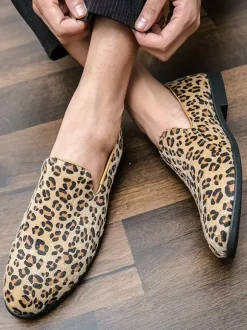 Men's Loafers Suede Round Toe Leopard Slip On Shoes