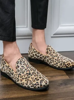 Men's Loafers Suede Round Toe Leopard Slip On Shoes