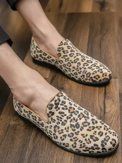Men's Loafers Suede Round Toe Leopard Slip On Shoes