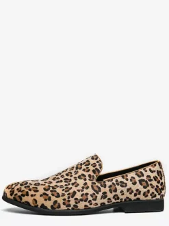 Men's Loafers Suede Round Toe Leopard Slip On Shoes
